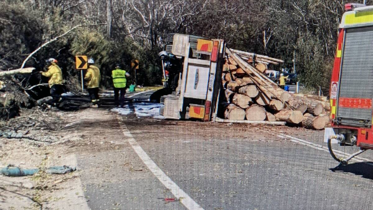 A logging truck accident at Mt Victoria this week demonstrated just how fragile are our transport options over the Blue Mountains. (Mt Vic fire brigade photo).