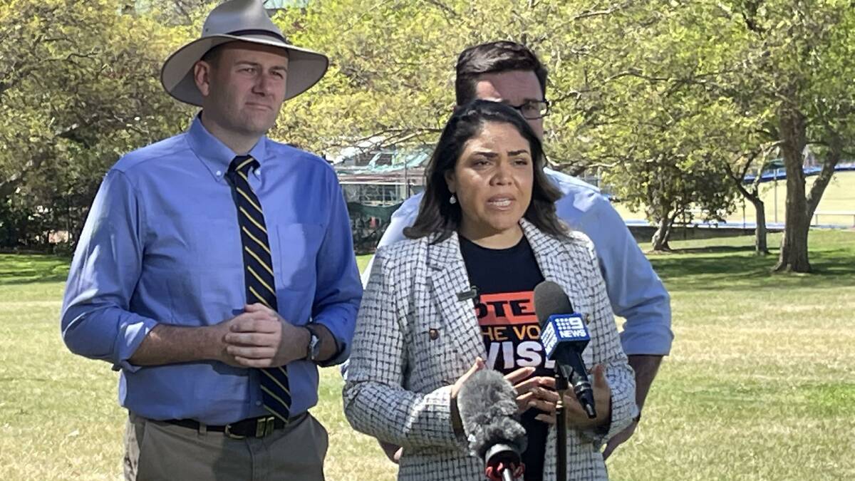 Senator Jacinta Price addressing the media at Queen Elizabeth park with Shadow Minister for Roads and Transport, Sam Farraway and National Leader of the Nationals party, David Littleproud in the background. Picture by Reidun Berntsen. 