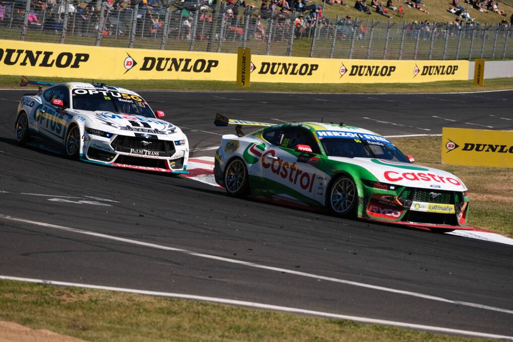 The Walkinshaw Andretti United Mustang behind the Tickford Racing Mustang coming around Murray's Corner during the Bathurst 1000. Picture by James Arrow