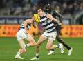 Jeremy Cameron (c) suffered delayed concussion symptoms from Geelong's clash with Port Adelaide. (Julian Smith/AAP PHOTOS)